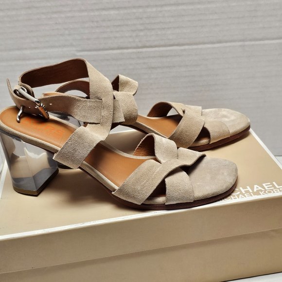 New Womens Michael Kors Suede Light Camel Clear Chunky Heel Leather Soles 11 - Picture 1 of 15